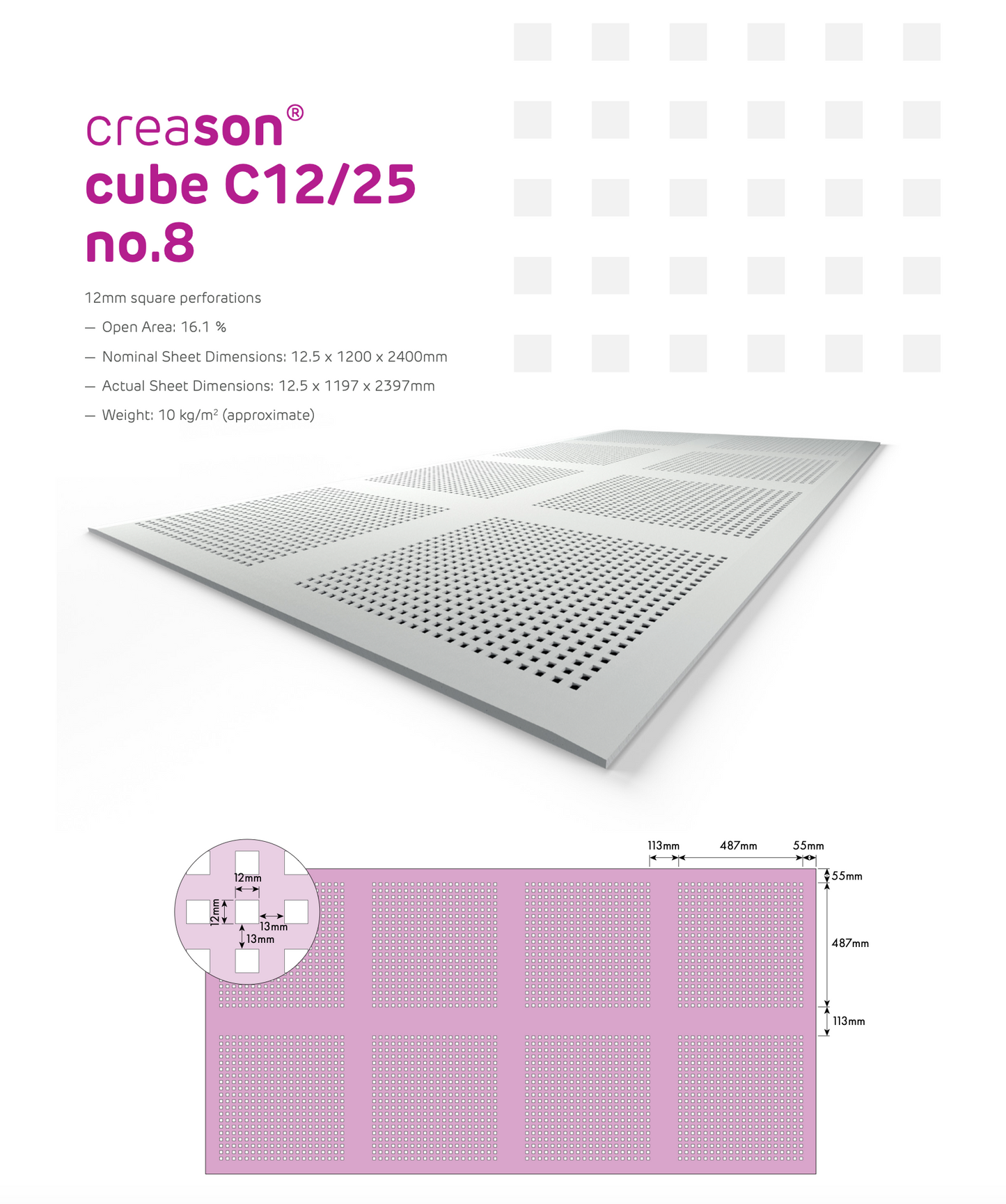 Siniat Creason N*8 C12/25 - 12.5mm x 1200 x 2400 Acoustic 12 mm Square holes